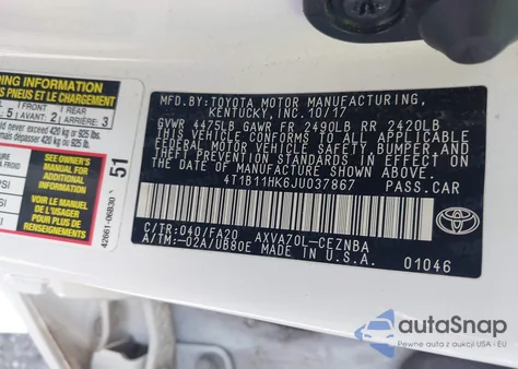 2018 Toyota Camry Le из США, поврежденный, VIN 4T1B11HK6JU037867